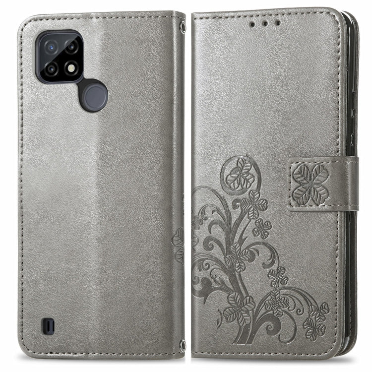 For OPPO Realme C21Y Four-leaf Clasp Embossed Leather Case with Lanyard & Card Slot & Wallet & Holder(Grey) - Realme Cases by PMC TechLife | Online Shopping South Africa | PMC TechLife | Buy Now Pay Later Mobicred