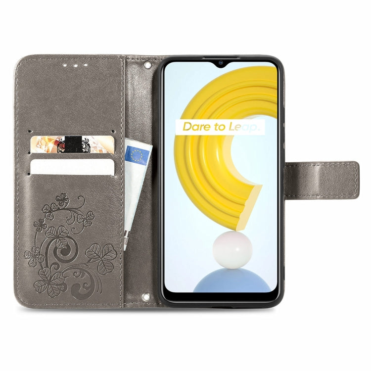 For OPPO Realme C21Y Four-leaf Clasp Embossed Leather Case with Lanyard & Card Slot & Wallet & Holder(Grey) - Realme Cases by PMC TechLife | Online Shopping South Africa | PMC TechLife | Buy Now Pay Later Mobicred