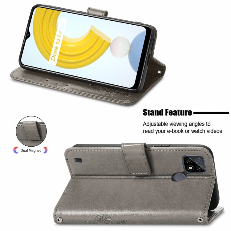 For OPPO Realme C21Y Four-leaf Clasp Embossed Leather Case with Lanyard & Card Slot & Wallet & Holder(Grey) - Realme Cases by PMC TechLife | Online Shopping South Africa | PMC TechLife | Buy Now Pay Later Mobicred