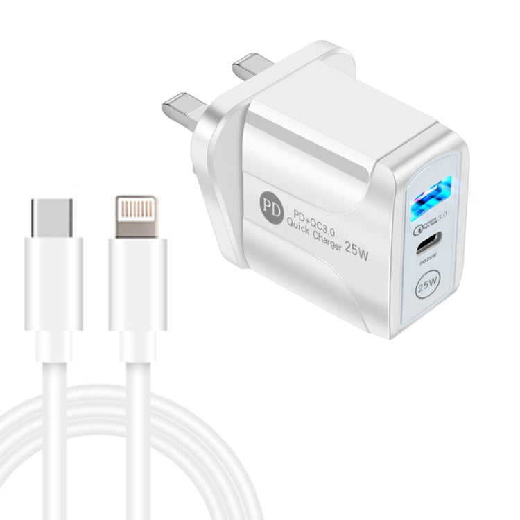 PD25W USB-C / Type-C + QC3.0 USB Dual Ports Fast Charger with USB-C to 8 Pin Data Cable, UK Plug(White) - free shipping - PMC Jewellery - Order now!