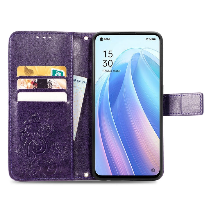 For OPPO Reno7 5G Four-leaf Clasp Embossed Buckle Leather Phone Case(Purple) - OPPO Cases by PMC TechLife | Online Shopping South Africa | PMC TechLife | Buy Now Pay Later Mobicred