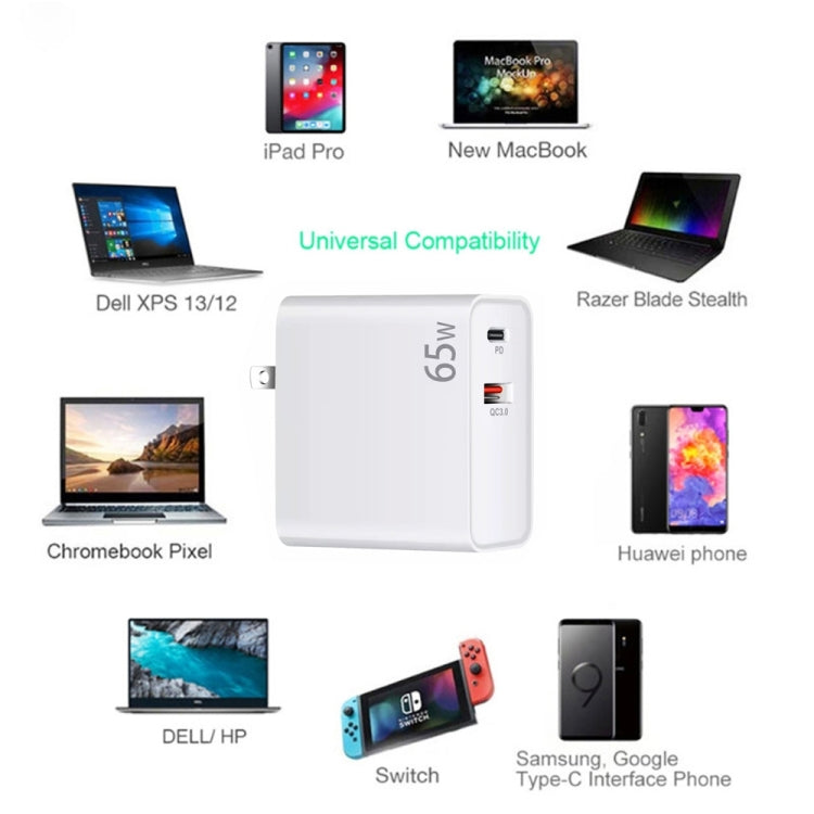 PD-65W USB-C / Type-C + QC3. 0 USB Laptop Charging Adapter, AU Plug / US Plug / EU Plug / UK Plug(Black) - Cable & Adapter by PMC Jewellery | Online Shopping South Africa | PMC Jewellery | Buy Now Pay Later Mobicred