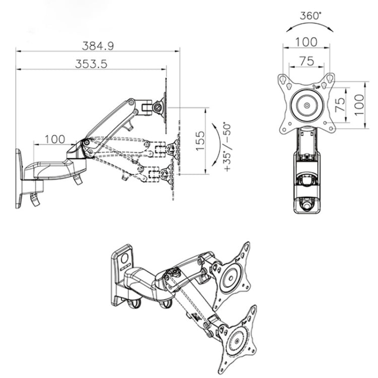 F150 Full Motion Monitor Wall Mount TV Wall Bracket with Adjustable Gas Spring Arm for 17-27 inch LED LCD Monitor - Laptop Stand by PMC Jewellery | Online Shopping South Africa | PMC Jewellery | Buy Now Pay Later Mobicred
