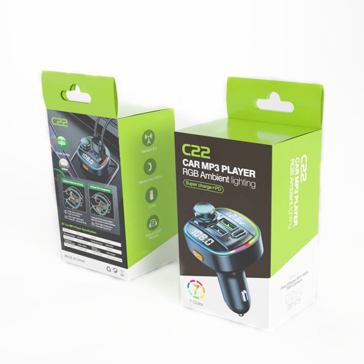 C22 Car Bluetooth 5.0 FM Transmitter LED Light Voltage Display QC 3.0 PD Charger - free shipping - PMC TechLife - Order now!