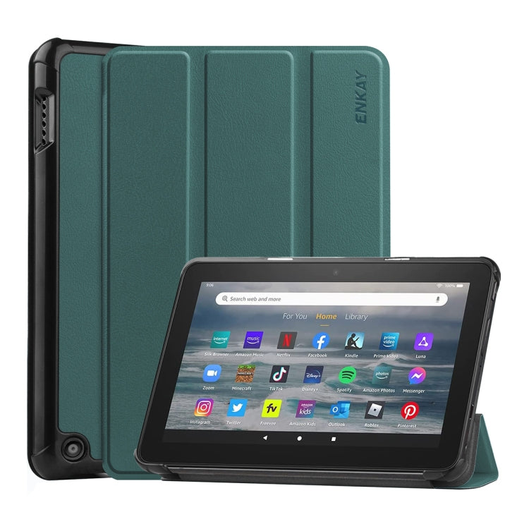 For Amazon Fire 7 12th 2022 ENKAY Smart Leather Tablet Case(Dark Green) - Amazon by ENKAY | Online Shopping South Africa | PMC TechLife | Buy Now Pay Later Mobicred