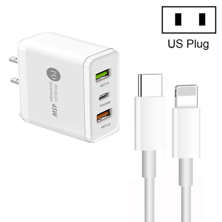 45W PD3.0 + 2 x QC3.0 USB Multi Port Charger with Type-C to 8 Pin Cable, US Plug(White) - free shipping - PMC Jewellery - Order now!
