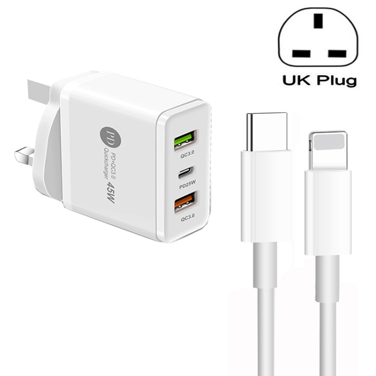 45W PD3.0 + 2 x QC3.0 USB Multi Port Charger with Type-C to 8 Pin Cable, UK Plug(White) - free shipping - PMC Jewellery - Order now!