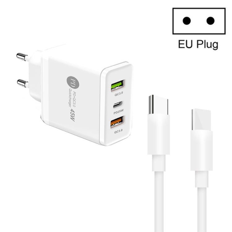 45W PD3.0 + 2 x QC3.0 USB Multi Port Charger with Type-C to Type-C Cable, EU Plug(White) - USB Charger by PMC TechLife | Online Shopping South Africa | PMC TechLife | Buy Now Pay Later Mobicred