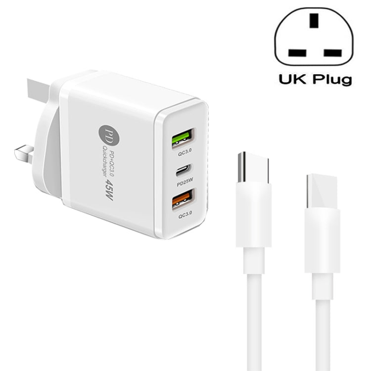 45W PD3.0 + 2 x QC3.0 USB Multi Port Charger with Type-C to Type-C Cable, UK Plug(White) - USB Charger by PMC TechLife | Online Shopping South Africa | PMC TechLife | Buy Now Pay Later Mobicred