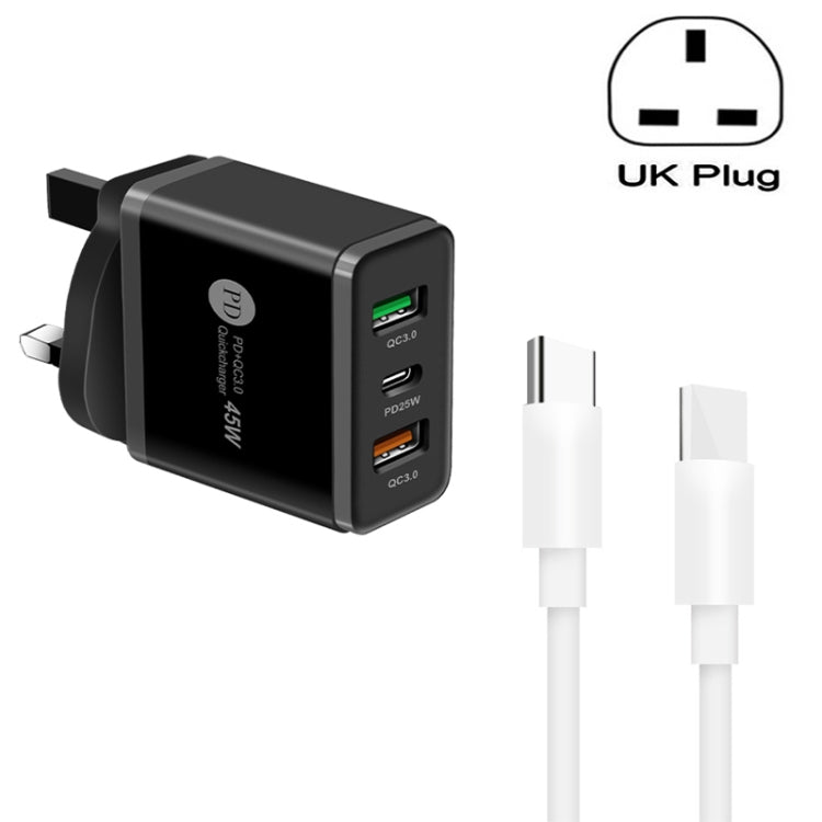 45W PD3.0 + 2 x QC3.0 USB Multi Port Charger with Type-C to Type-C Cable, UK Plug(Black) - USB Charger by PMC TechLife | Online Shopping South Africa | PMC TechLife | Buy Now Pay Later Mobicred