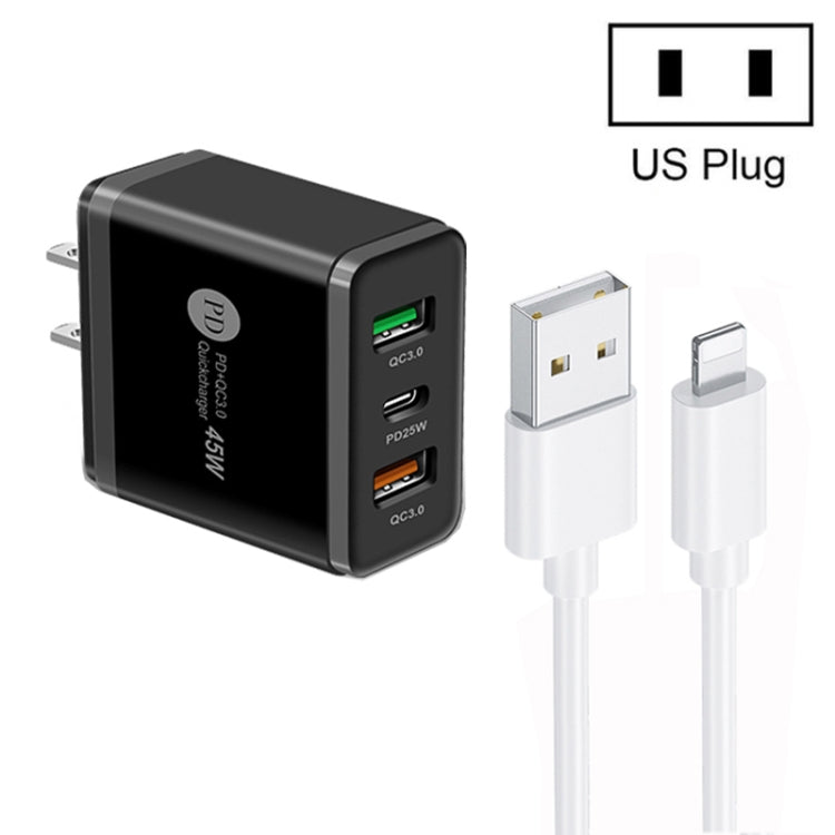 45W PD25W + 2 x QC3.0 USB Multi Port Charger with USB to 8 Pin Cable, US Plug(Black) - free shipping - PMC Jewellery - Order now!