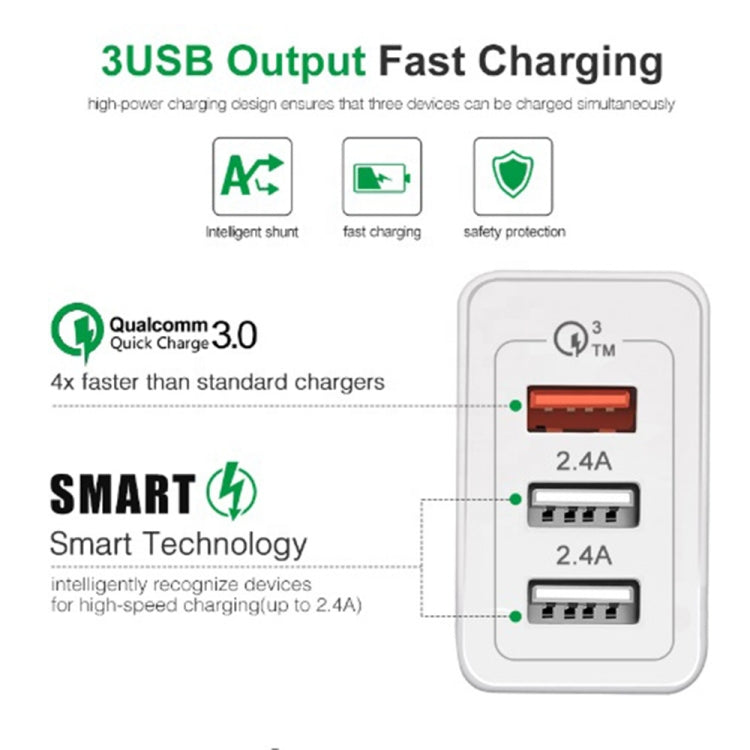 SDC-30W QC3.0 USB + 2 x USB2.0 Port Quick Charger with USB to 8 Pin Cable, AU Plug - free shipping - PMC Jewellery - Order now!