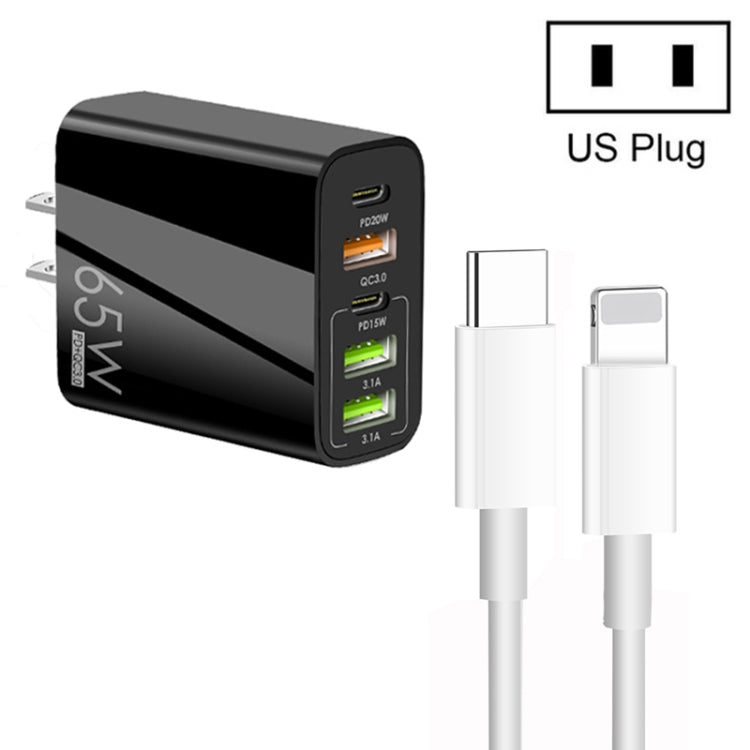 65W Dual PD Type-C + 3 x USB Multi Port Charger with 3A Type-C to 8 Pin Data Cable, US Plug(Black) - free shipping - PMC Jewellery - Order now!
