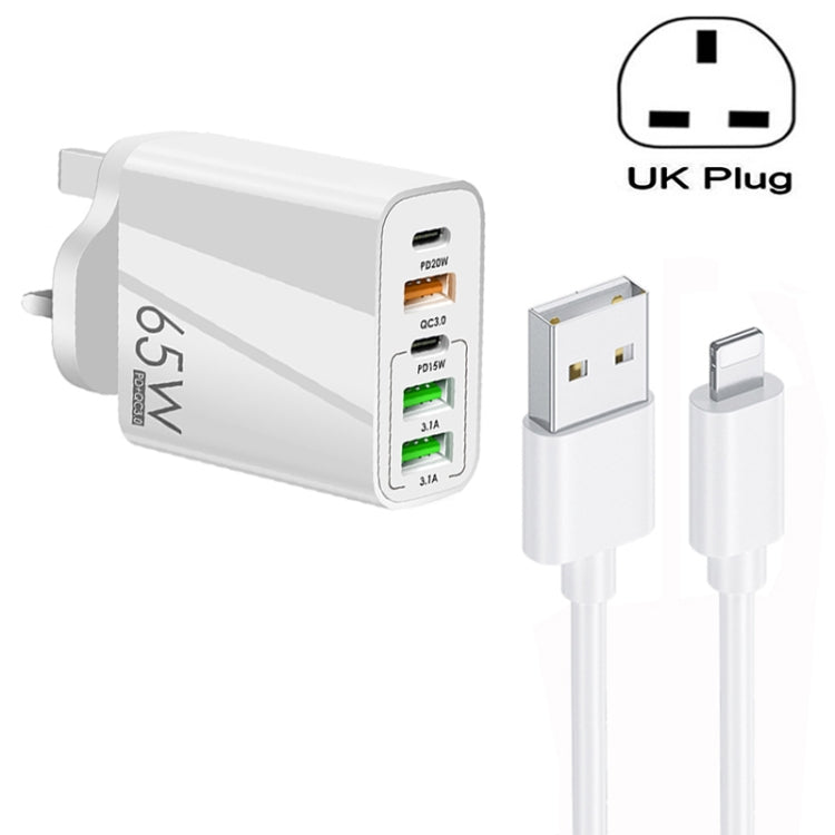 65W Dual PD Type-C + 3 x USB Multi Port Charger with 3A USB to 8 Pin Data Cable, UK Plug(White) - free shipping - PMC Jewellery - Order now!