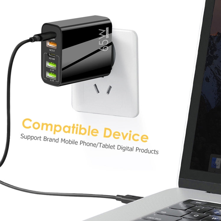 65W Dual PD Type-C + 3 x USB Multi Port Charger with 3A USB to 8 Pin Data Cable, UK Plug(White) - free shipping - PMC Jewellery - Order now!