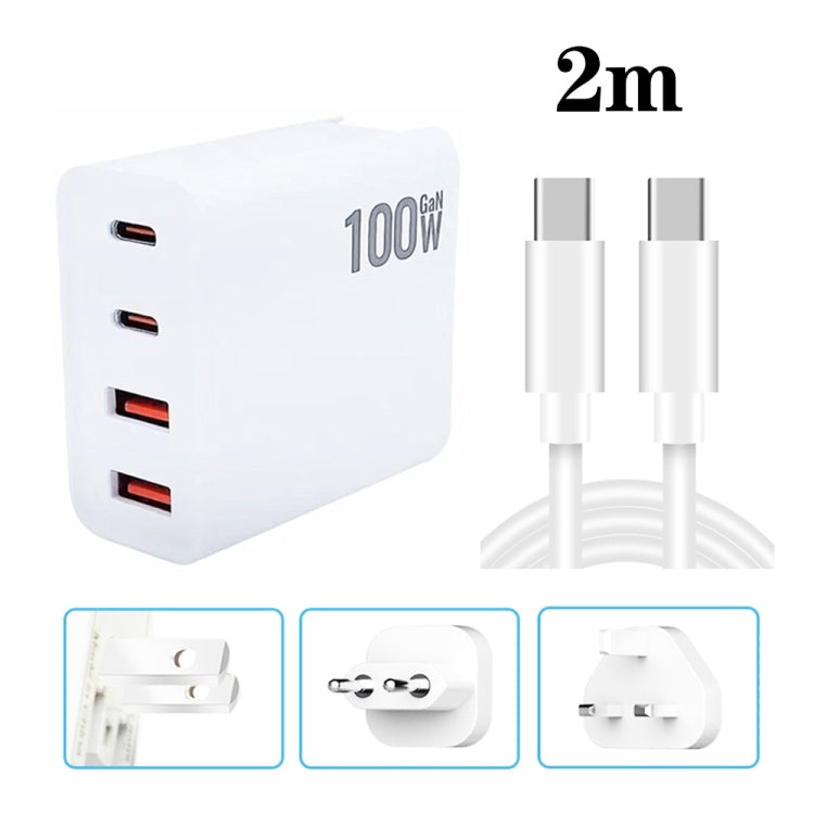 GaN 100W Dual USB + Dual USB-C/Type-C Multi Port Charger with 2m Type-C to Type-C Data Cable Set US / EU / UK Plug - Cable & Adapter by PMC Jewellery | Online Shopping South Africa | PMC Jewellery | Buy Now Pay Later Mobicred