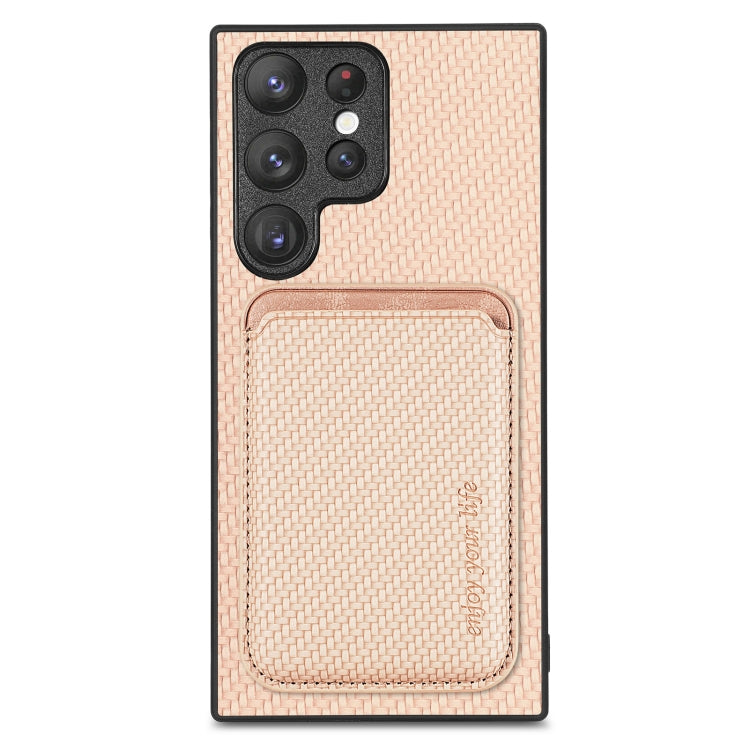 For Samsung Galaxy S23 Ultra 5G Carbon Fiber Leather Card Magsafe Case(Khaki) - Galaxy S23 Ultra 5G Cases by PMC TechLife | Online Shopping South Africa | PMC TechLife