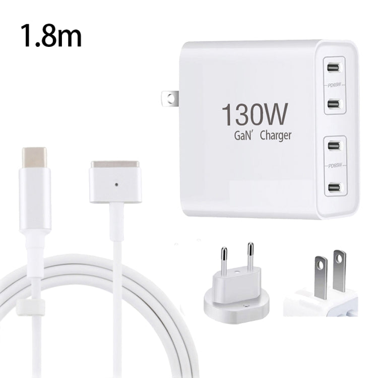 GaN 130W 4-Port USB-C PD65W / PD30W Multi Port Type-C Charger with  1.8m Type-C to MagSafe 2 / T Header Data Cable US / EU Plug - Cable & Adapter by PMC Jewellery | Online Shopping South Africa | PMC Jewellery | Buy Now Pay Later Mobicred