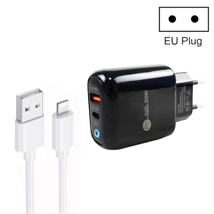 PD04 Type-C + USB Mobile Phone Charger with USB to 8 Pin Cable, EU Plug(Black) - free shipping - PMC Jewellery - Order now!