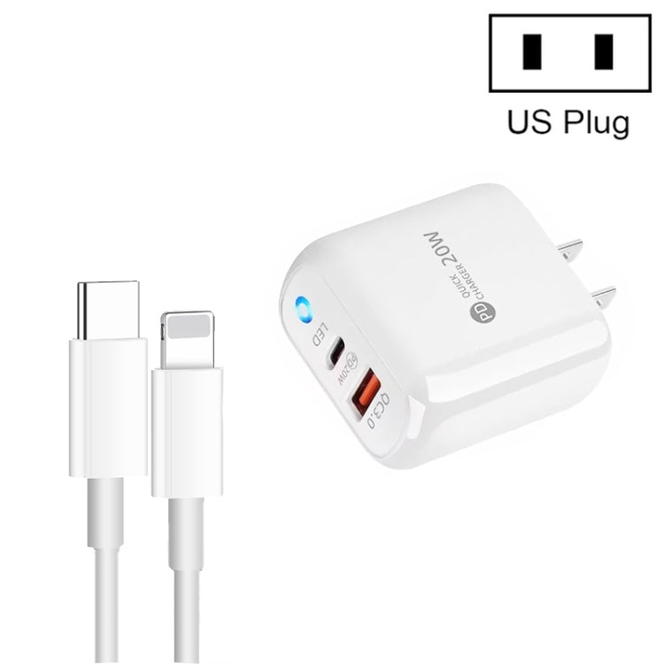 PD04 Type-C + USB Mobile Phone Charger with Type-C to 8 Pin Cable, US Plug(White) - free shipping - PMC Jewellery - Order now!