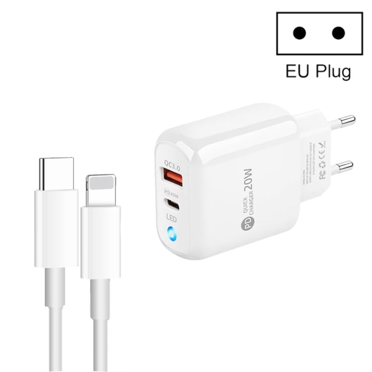 PD04 Type-C + USB Mobile Phone Charger with Type-C to 8 Pin Cable, EU Plug(White) - free shipping - PMC Jewellery - Order now!