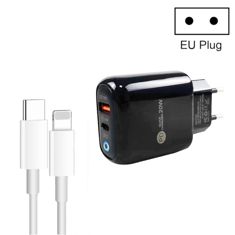 PD04 Type-C + USB Mobile Phone Charger with Type-C to 8 Pin Cable, EU Plug(Black) - free shipping - PMC Jewellery - Order now!