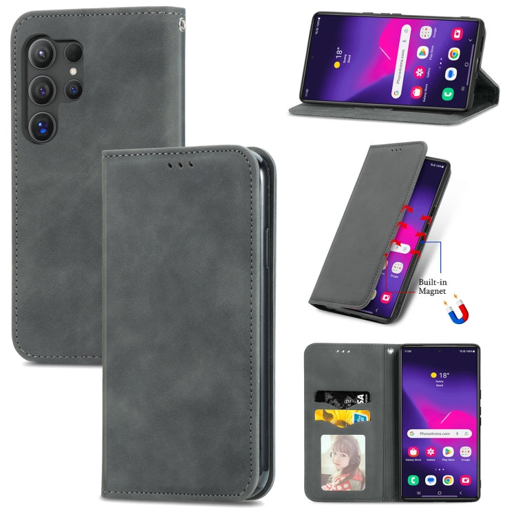 For Samsung Galaxy S24 Ultra 5G Retro Skin Feel Magnetic Leather Phone Case(Gray) - Galaxy S24 Ultra 5G Cases by PMC TechLife | Online Shopping South Africa | PMC TechLife
