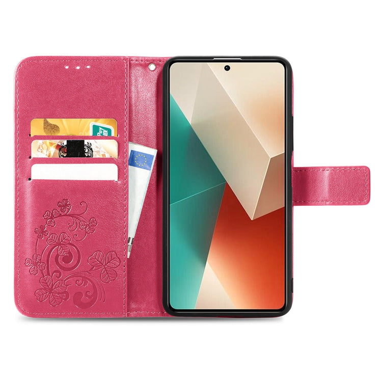 For Xiaomi Redmi Note 13 4G Four-leaf Clasp Embossed Leather Phone Case(Magenta) - Note 13 Cases by PMC TechLife | Online Shopping South Africa | PMC TechLife | Buy Now Pay Later Mobicred