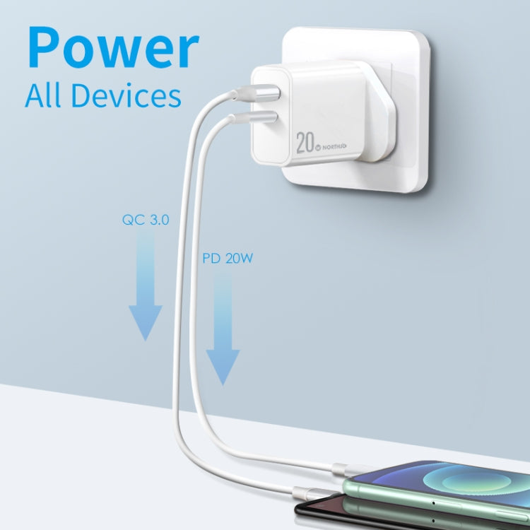 NORTHJO NOPD2002 PD20W USB-C/Type-C + QC 3.0 USB Dual Ports Fast Charger, UK Plug(White) - free shipping - PMC Jewellery - Order now!