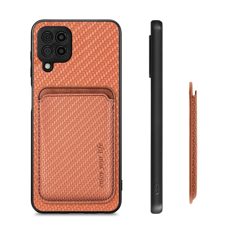 For Samsung Galaxy A22 4G Carbon Fiber Leather Card Magsafe Magnetic Phone Case(Brown) - Galaxy Phone Cases by PMC TechLife | Online Shopping South Africa | PMC TechLife