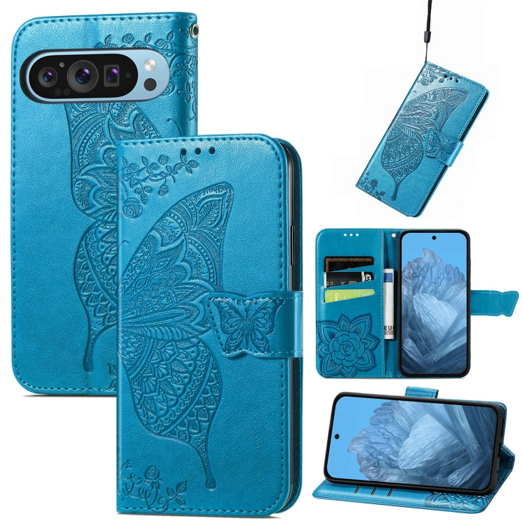 For Google Pixel 9 Butterfly Love Flower Embossed Leather Phone Case(Blue) - Google Cases by PMC TechLife | Online Shopping South Africa | PMC TechLife | Buy Now Pay Later Mobicred