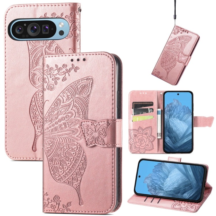 For Google Pixel 9 Butterfly Love Flower Embossed Leather Phone Case(Rose Gold) - Google Cases by PMC TechLife | Online Shopping South Africa | PMC TechLife | Buy Now Pay Later Mobicred
