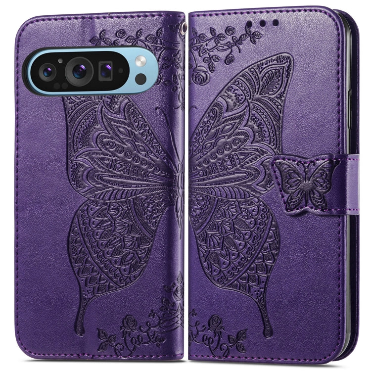 For Google Pixel 9 Butterfly Love Flower Embossed Leather Phone Case(Dark Purple) - Google Cases by PMC TechLife | Online Shopping South Africa | PMC TechLife | Buy Now Pay Later Mobicred
