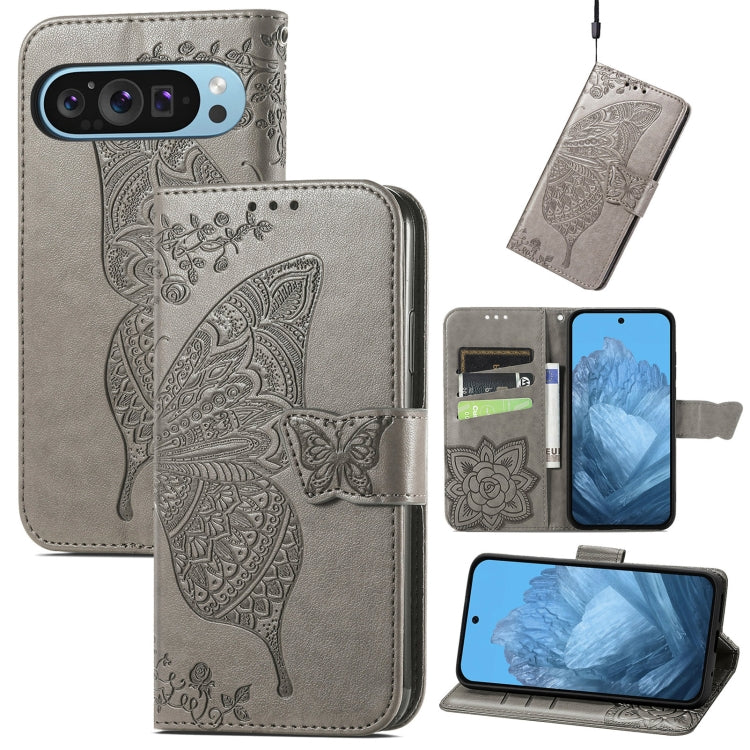 For Google Pixel 9 Butterfly Love Flower Embossed Leather Phone Case(Gray) - Google Cases by PMC TechLife | Online Shopping South Africa | PMC TechLife | Buy Now Pay Later Mobicred