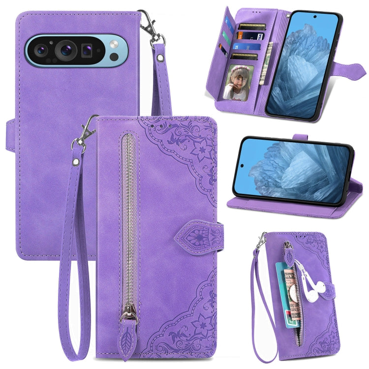 For Google Pixel 9 Pro Embossed Flower Zipper Leather Phone Case(Purple) - Google Cases by PMC TechLife | Online Shopping South Africa | PMC TechLife | Buy Now Pay Later Mobicred