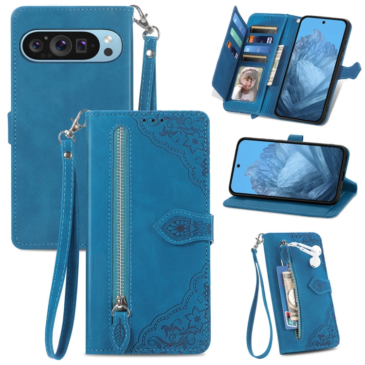 For Google Pixel 9 Embossed Flower Zipper Leather Phone Case(Blue) - Google Cases by PMC TechLife | Online Shopping South Africa | PMC TechLife | Buy Now Pay Later Mobicred
