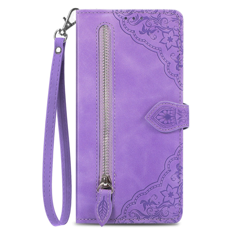 For Google Pixel 9 Embossed Flower Zipper Leather Phone Case(Purple) - Google Cases by PMC TechLife | Online Shopping South Africa | PMC TechLife | Buy Now Pay Later Mobicred