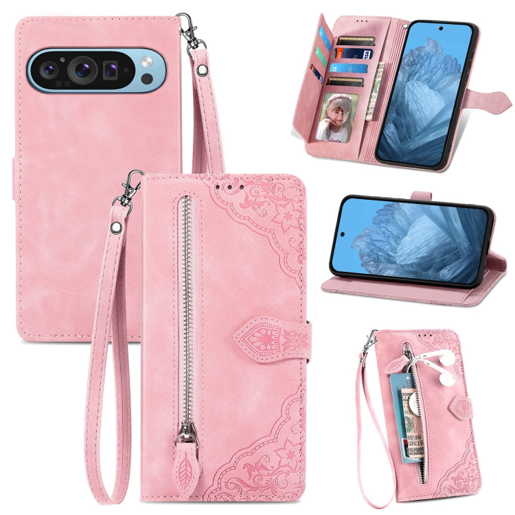 For Google Pixel 9 Embossed Flower Zipper Leather Phone Case(Pink) - Google Cases by PMC TechLife | Online Shopping South Africa | PMC TechLife | Buy Now Pay Later Mobicred