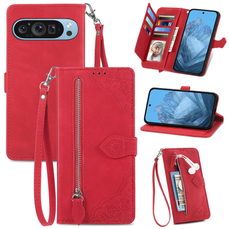 For Google Pixel 9 Embossed Flower Zipper Leather Phone Case(Red) - Google Cases by PMC TechLife | Online Shopping South Africa | PMC TechLife | Buy Now Pay Later Mobicred