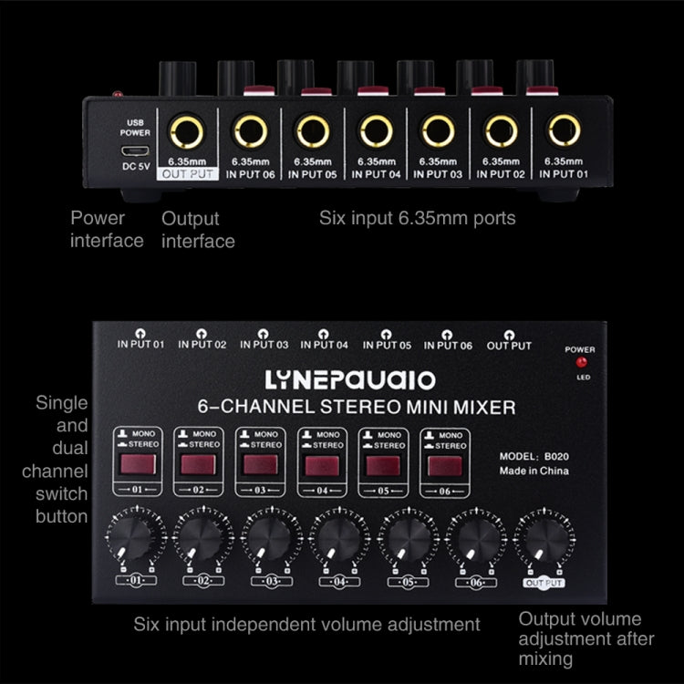B020 Mini 6-Channel Stereo Audio Mixer Musical Instrument Mixer Electric Wind Electric Guitar Electronic Piano Drums Mixer -  by PMC TechLife | Online Shopping South Africa | PMC TechLife | Buy Now Pay Later Mobicred