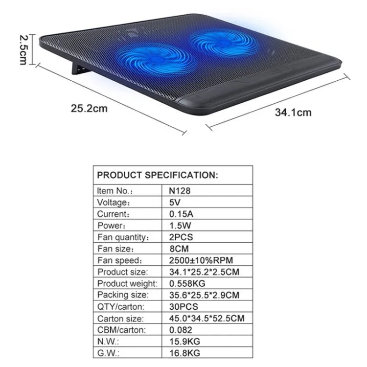 N128 Work Game Dual Fan Laptop Cooling Pad Heat Dissipation Holder with LED Light - Cooling Pads by PMC Jewellery | Online Shopping South Africa | PMC Jewellery | Buy Now Pay Later Mobicred