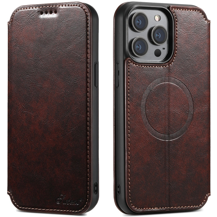 For iPhone 14 Pro Max Suteni J05 Leather Magnetic Magsafe Phone Case(Brown) - free shipping - PMC Jewellery - Order now!