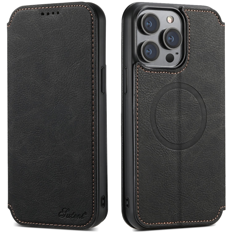 For iPhone 14 Suteni J06 Retro Matte Litchi Texture Leather Magnetic Magsafe Phone Case(Black) - free shipping - PMC TechLife - Order now!