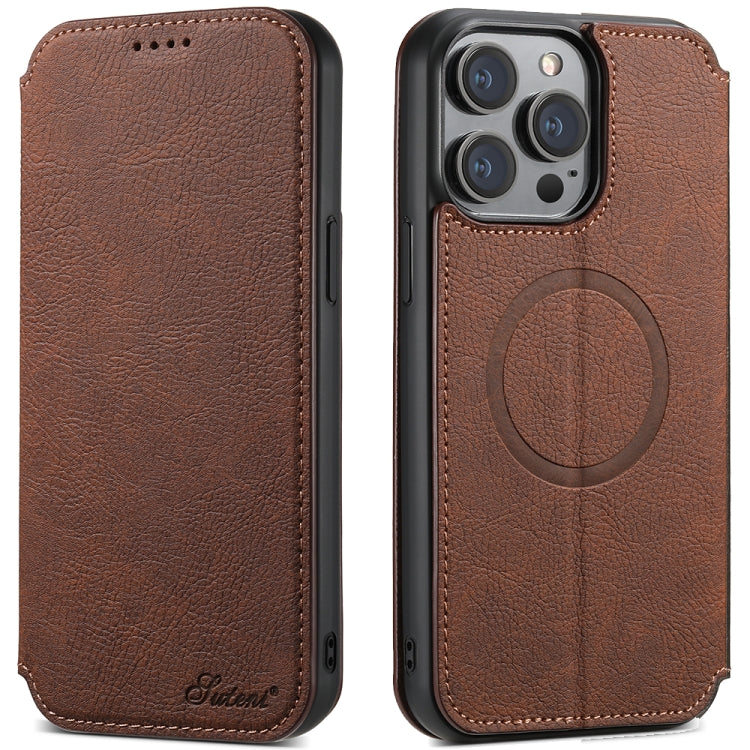 For iPhone 14 Plus Suteni J06 Retro Matte Litchi Texture Leather Magnetic Magsafe Phone Case(Brown) - free shipping - PMC Jewellery - Order now!