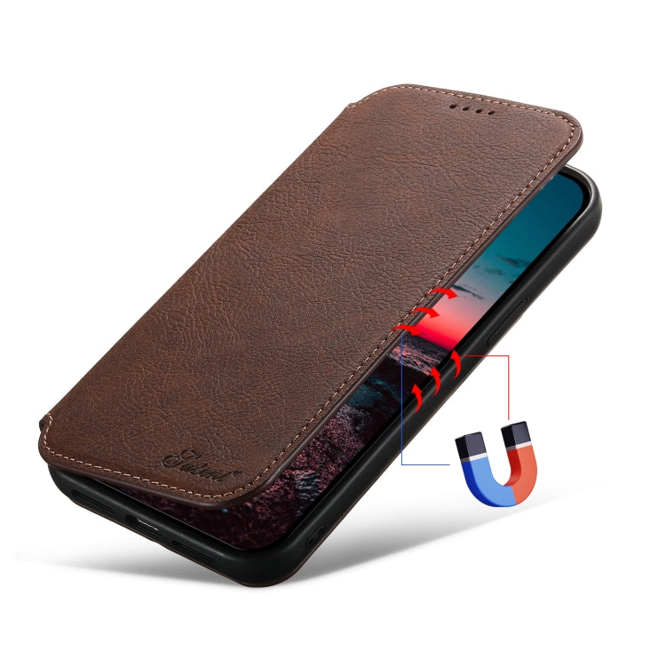 For iPhone 14 Plus Suteni J06 Retro Matte Litchi Texture Leather Magnetic Magsafe Phone Case(Brown) - free shipping - PMC Jewellery - Order now!