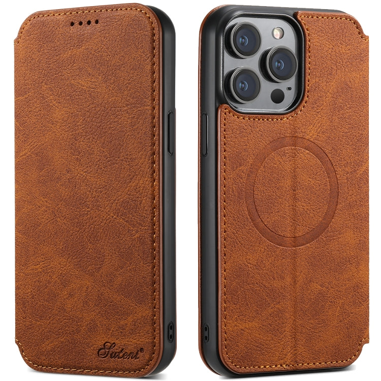 For iPhone 14 Plus Suteni J06 Retro Matte Litchi Texture Leather Magnetic Magsafe Phone Case(Khaki) - free shipping - PMC Jewellery - Order now!