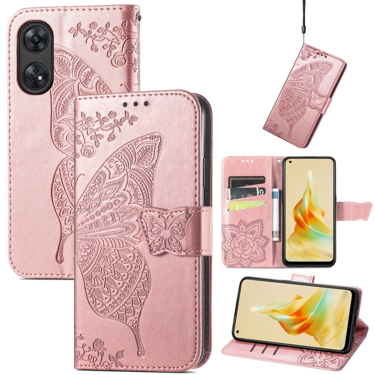 For OPPO Reno8 T 4G Butterfly Love Flower Embossed Leather Phone Case(Rose Gold) - OPPO Cases by PMC TechLife | Online Shopping South Africa | PMC TechLife | Buy Now Pay Later Mobicred
