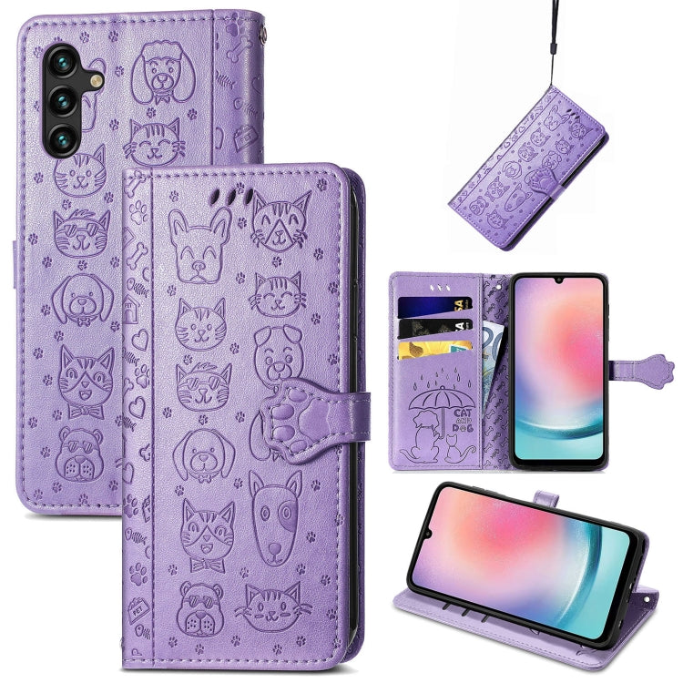 For Samsung Galaxy A24 4G Cute Cat and Dog Embossed Flip Leather Phone Case(Purple) - Galaxy Phone Cases by PMC TechLife | Online Shopping South Africa | PMC TechLife