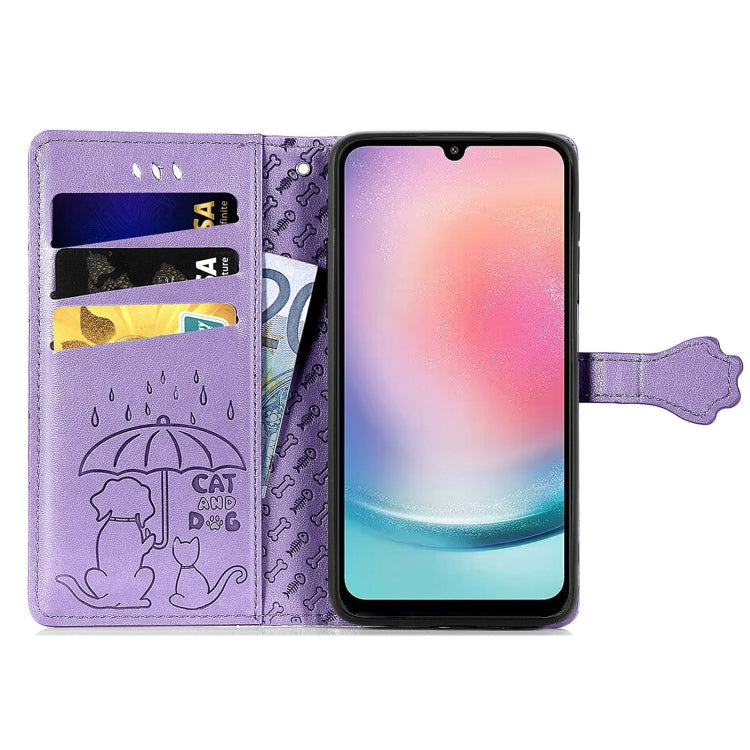 For Samsung Galaxy A24 4G Cute Cat and Dog Embossed Flip Leather Phone Case(Purple) - Galaxy Phone Cases by PMC TechLife | Online Shopping South Africa | PMC TechLife