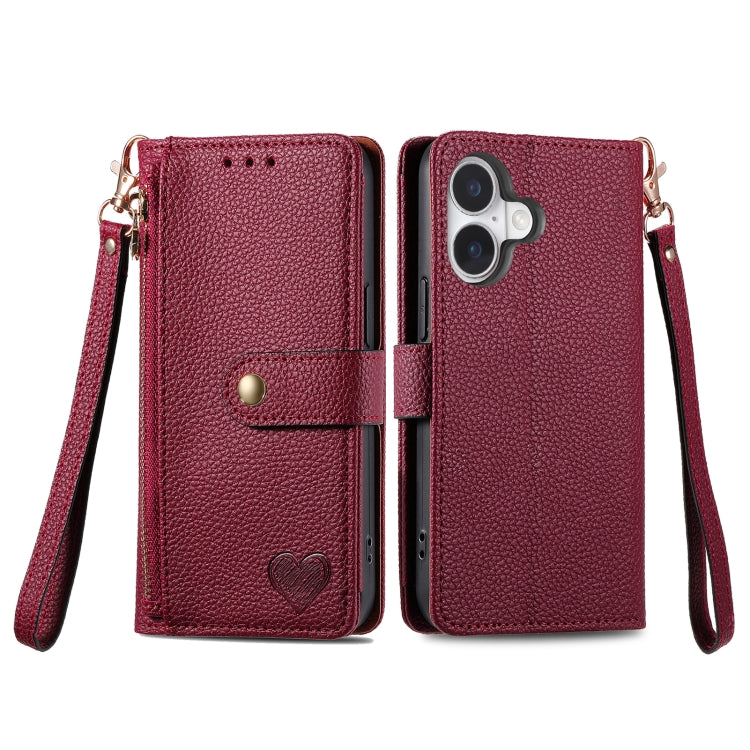 For iPhone 16 Plus Love Zipper Lanyard Leather Phone Case(Red) - free shipping - PMC Jewellery - Order now!